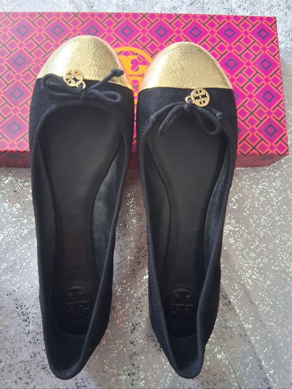 Tory Burch Black and Gold Toe Ballet Flats